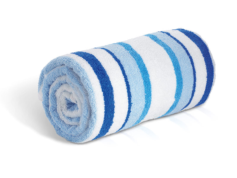 A clean white background showcasing a towel with elegant blue and white stripes.